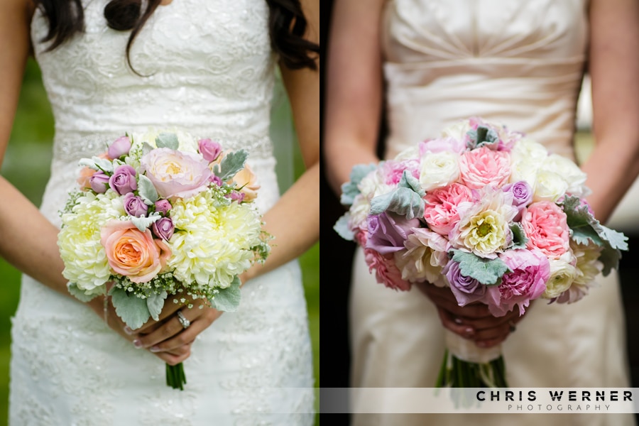 Bridal wedding bouquet with purple roses and pink flowers