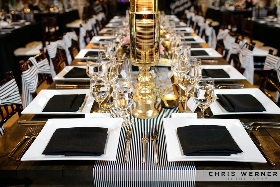 Black tie wedding decorations and gold accents