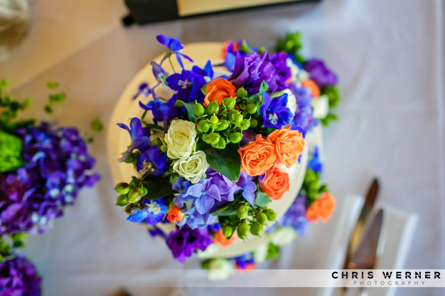 Purple and orange wedding cake flowers