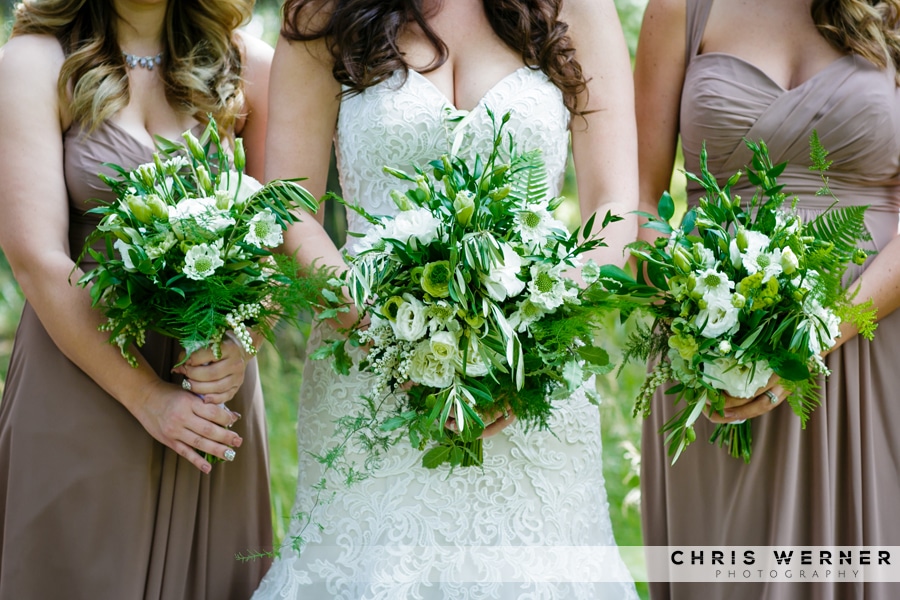 Cascading white peony and fern bridesmaid bouquets