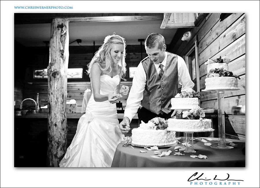 Wild Basin Lodge Wedding photo, cutting the cake.