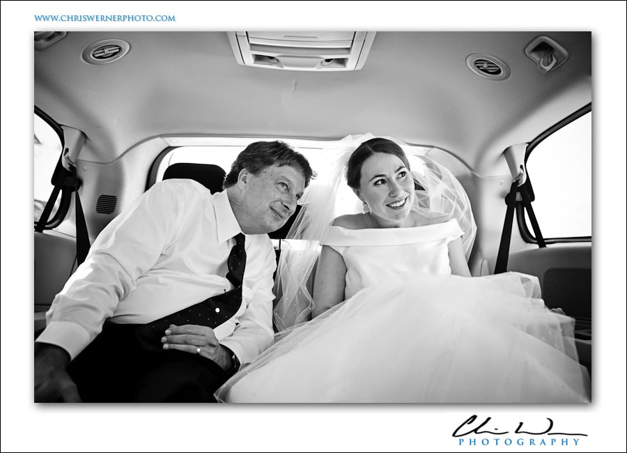 Bride and father of the bride looking out the window of the car, photo by Yosemite Wedding Photographers