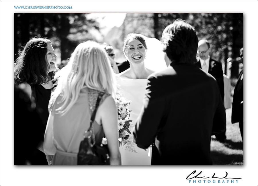 Bride laughing after the wedding ceremony, Yosemite Wedding Photographers.