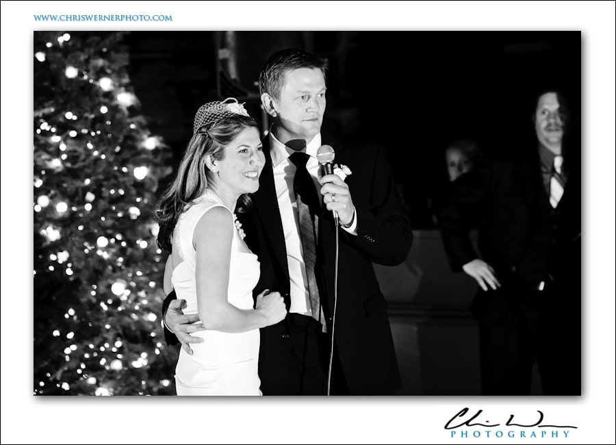Bride and groom making a speech after the wedding reception toasts, Presidio Wedding Photography.