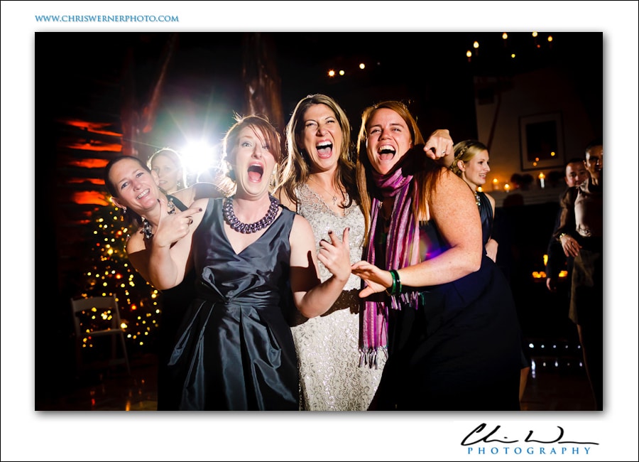 The Bride and her friends dancing at the Log Cabin in San Francisco, Presidio Wedding Photography.