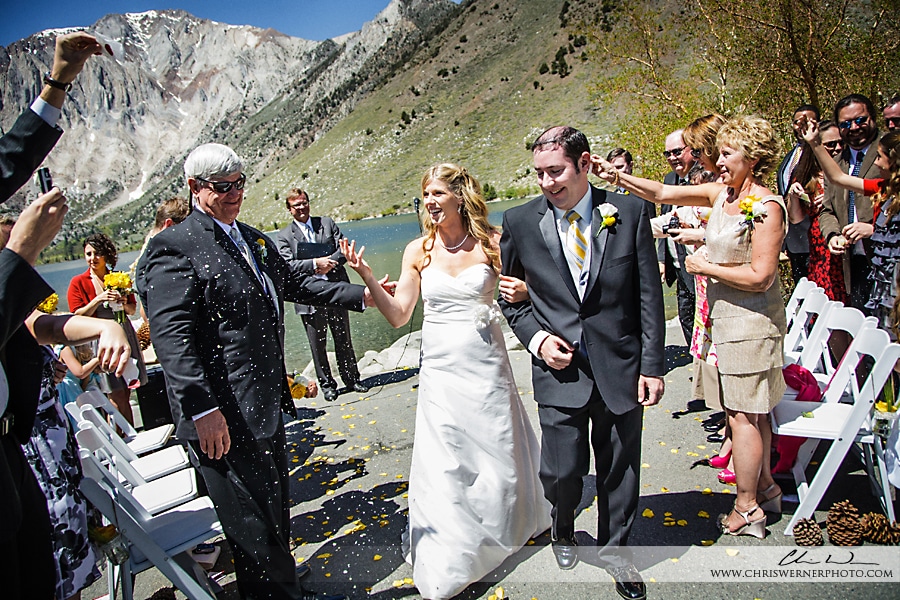 Bride and groom during the wedding ceremony, by Mammoth Lakes Photographer.
