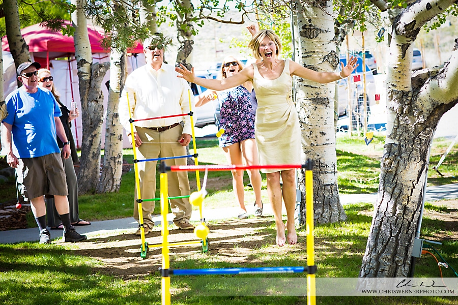 Mother of the bride playing wedding games, shot by a Mammoth Lakes Photographer.