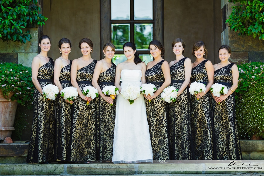 Photo of bridesmaids dresses, bride's wedding dress and the maid of honor, Napa Valley Estate Wedding.