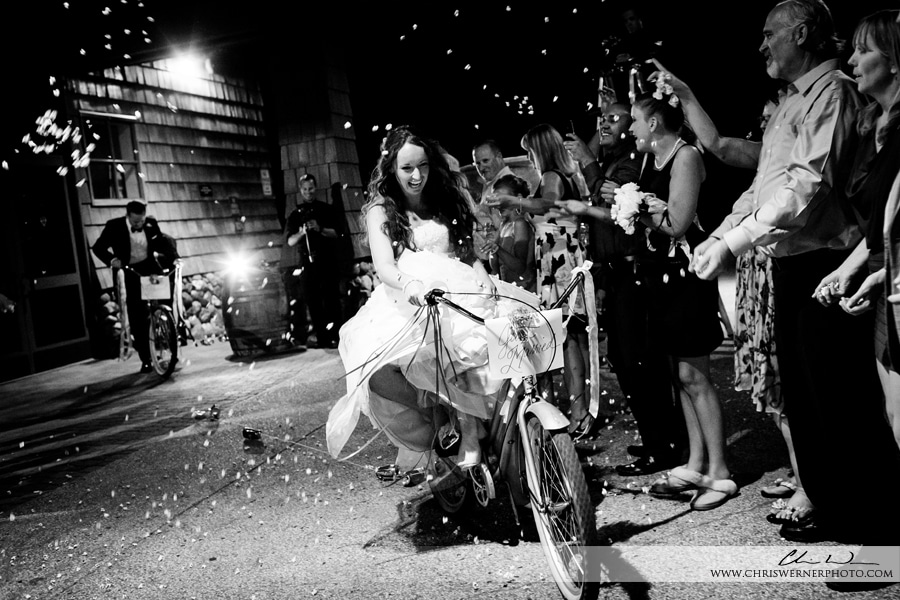 Squaw Valley PlumpJack wedding photos bicycle getaway car.