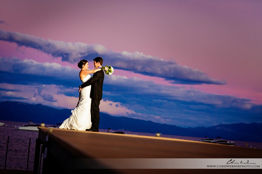 Portrait of the bride and groom at sunset, by wedding Photographers Lake Tahoe.