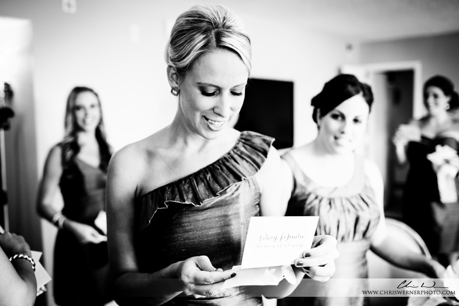 Raleigh wedding photo of bridesmaids reading their thank you wedding cards.