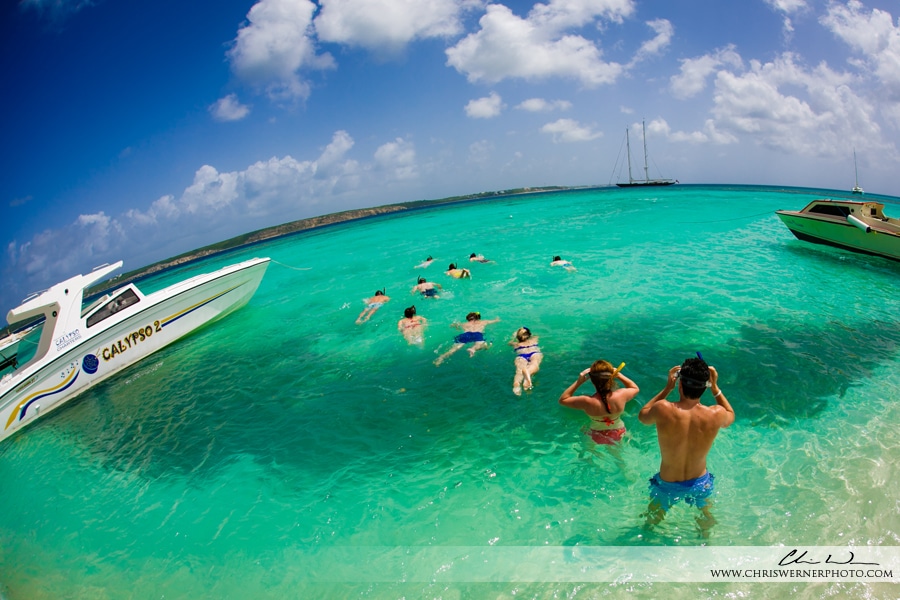 Anguilla wedding photos: Snorkeling in the Caribbean before a wedding.