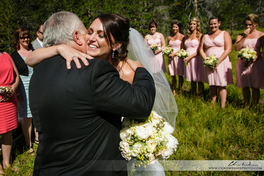 Bride and father of the bride at a Lake Tahoe wedding Ceremony, by a Truckee Wedding photographer.