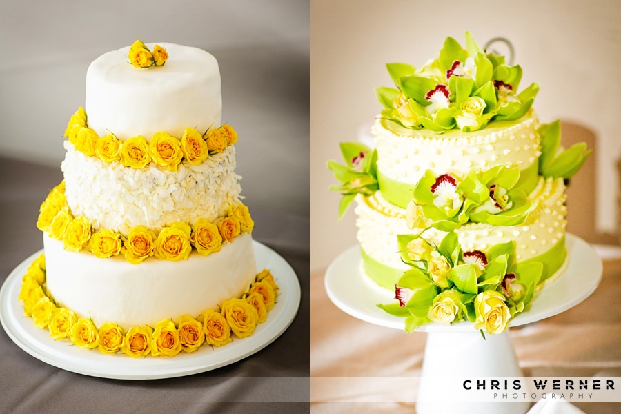 White wedding cakes with yellow flowers.