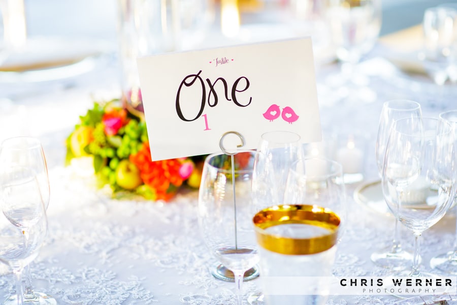 Pink wedding reception table number sign ideas.