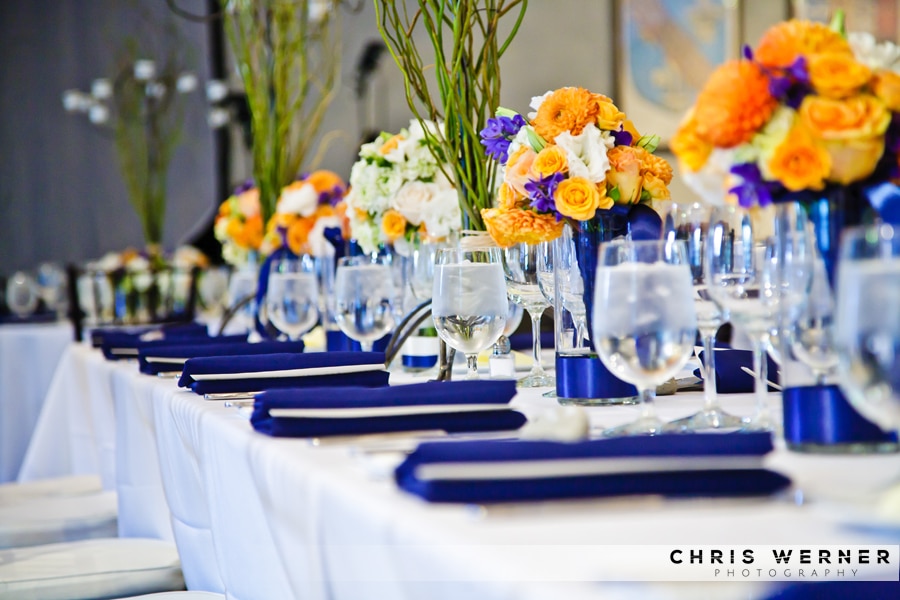 Orange and blue Wedding Reception Flowers