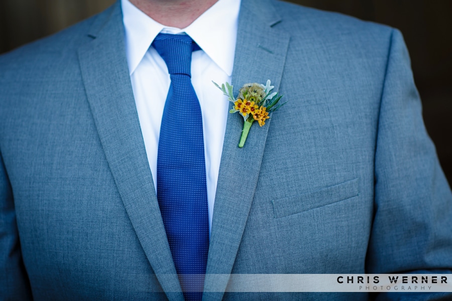 Blue grey wedding suit idea and Groom Boutonnieres.