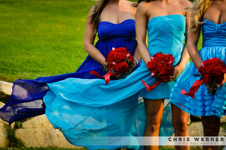 Light blue and dark blue bridesmaid dresses.