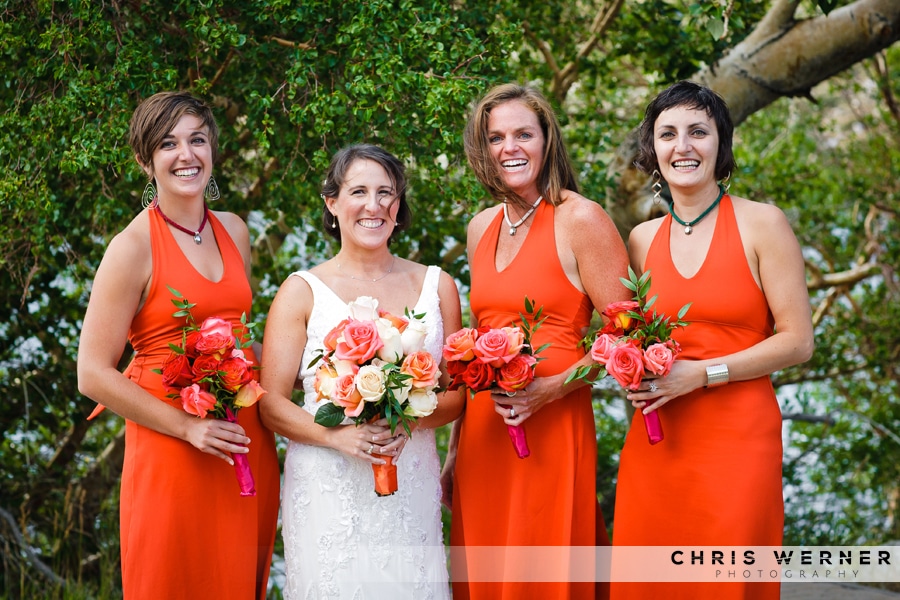 Casual, orange bridesmaid dresses.
