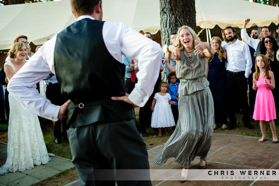 Photo of the mother of the groom dancing, Tahoe South Lake wedding