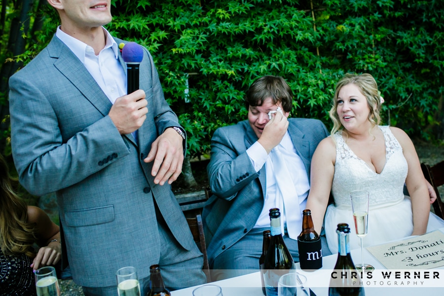 Crying groom at a Lake Tahoe Tree Company wedding.