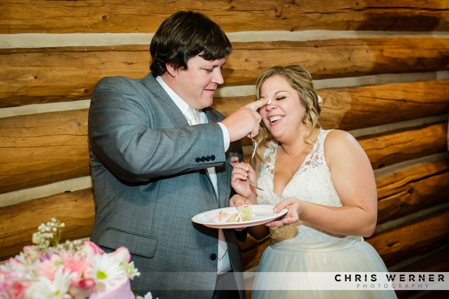 Lake Tahoe bride and groom cake-cutting photo.