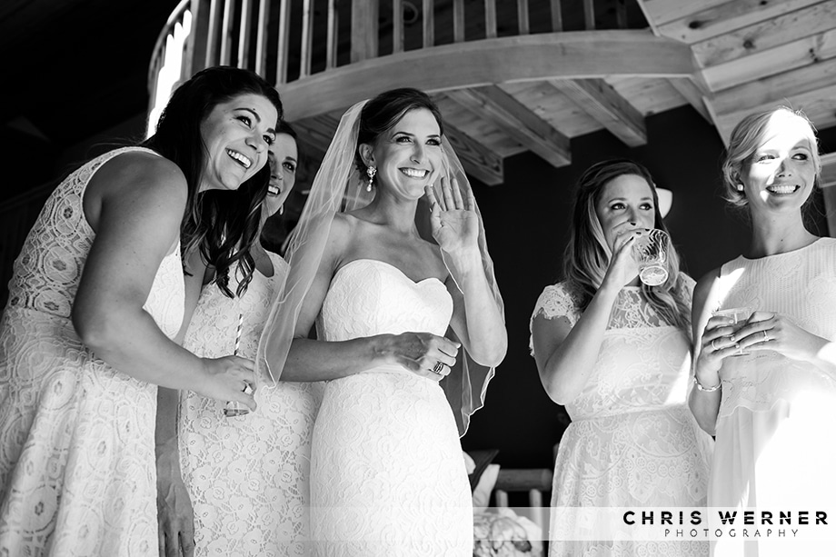 Black and white photo of bride at a Lake Tahoe west shore wedding.