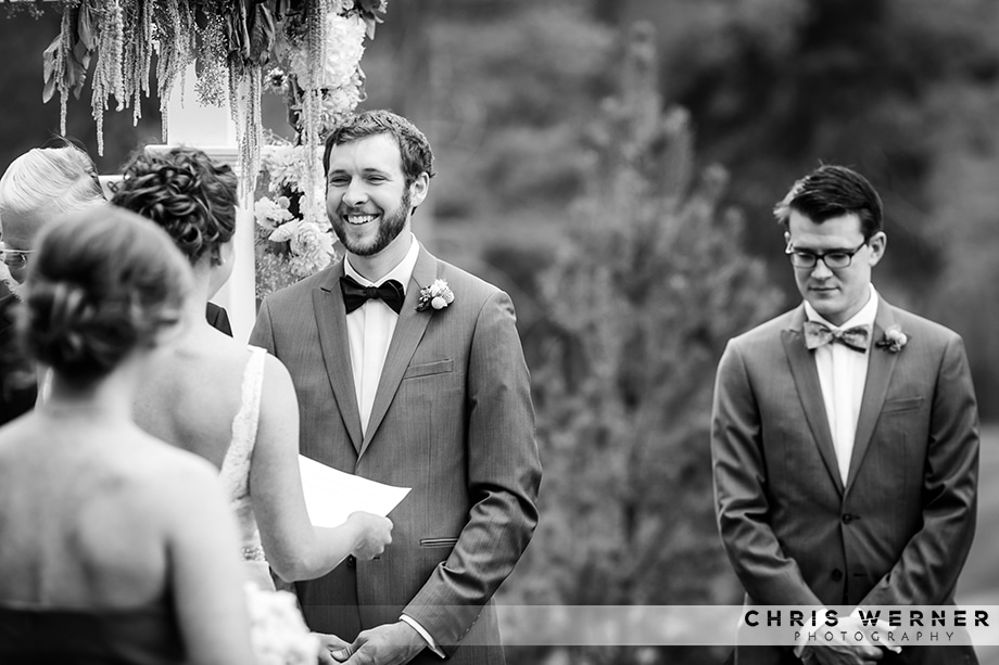 Groom smiling at a Tahoe Donner Lodge wedding.