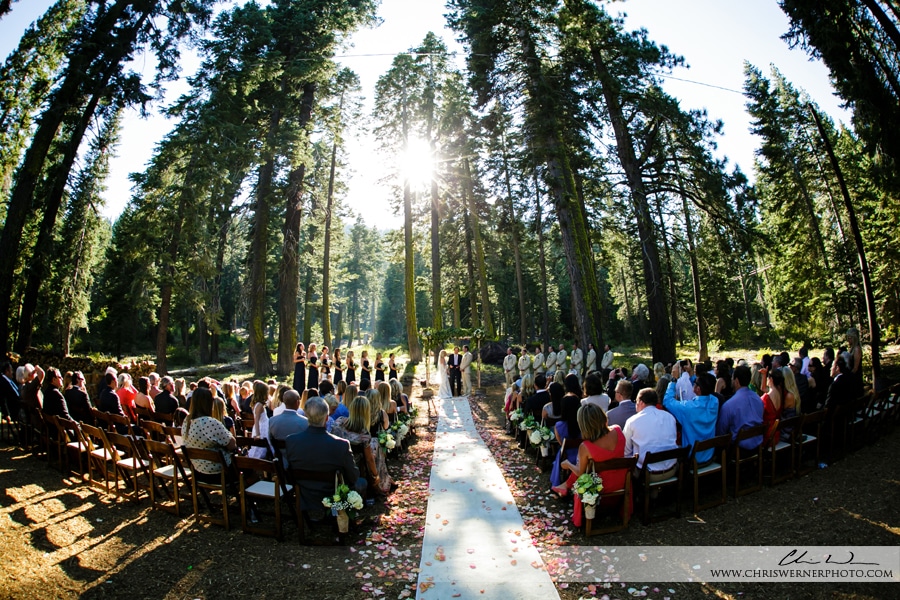 Lake Tahoe backyard wedding ceremony wide angle photo.