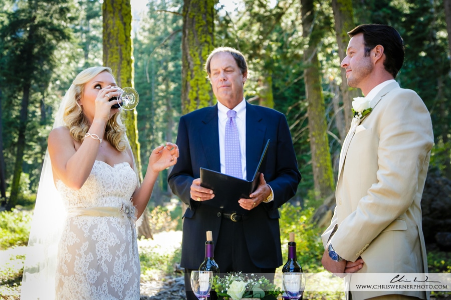 Lake Tahoe backyard wedding of the wine ceremony.