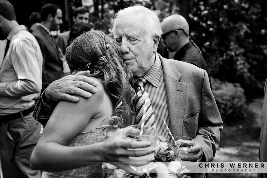 Black and white photo of bride and grandfather, Tahoe City Outdoor Wedding.