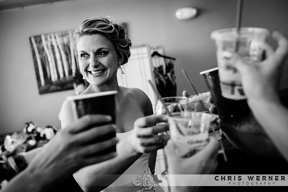 Bridesmaid cheers at a Tahoe Donner wedding.