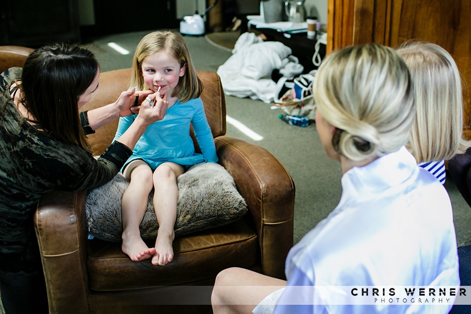 Flower girl hair and makeup for a Squaw Valley winter wedding