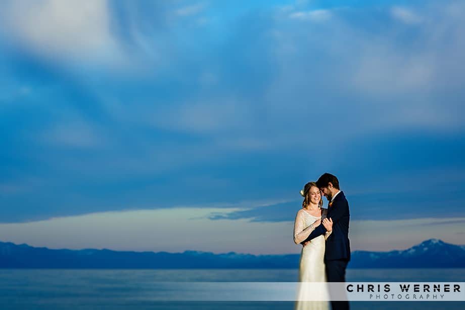 Lake Tahoe beach wedding photo of bride and groom