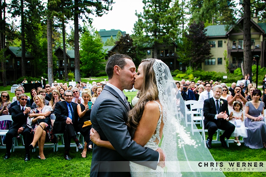 First kiss as husband and wife at a Hyatt Lake Tahoe wedding