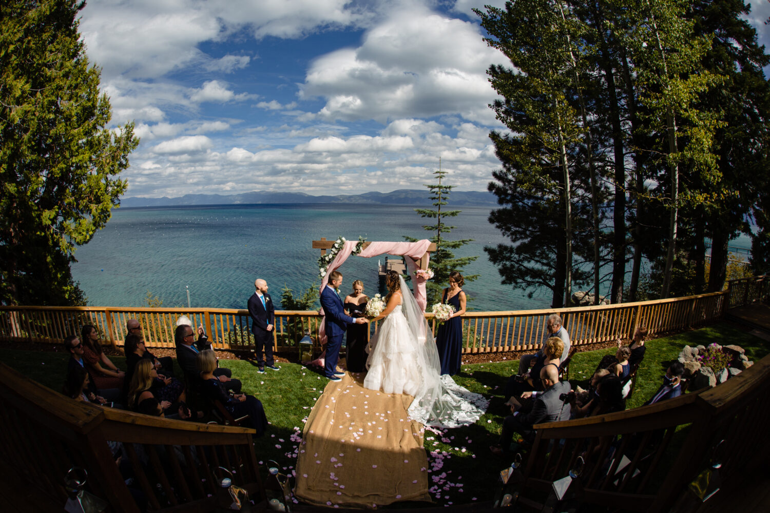 Intimate wedding ceremony with views of Lake Tahoe.