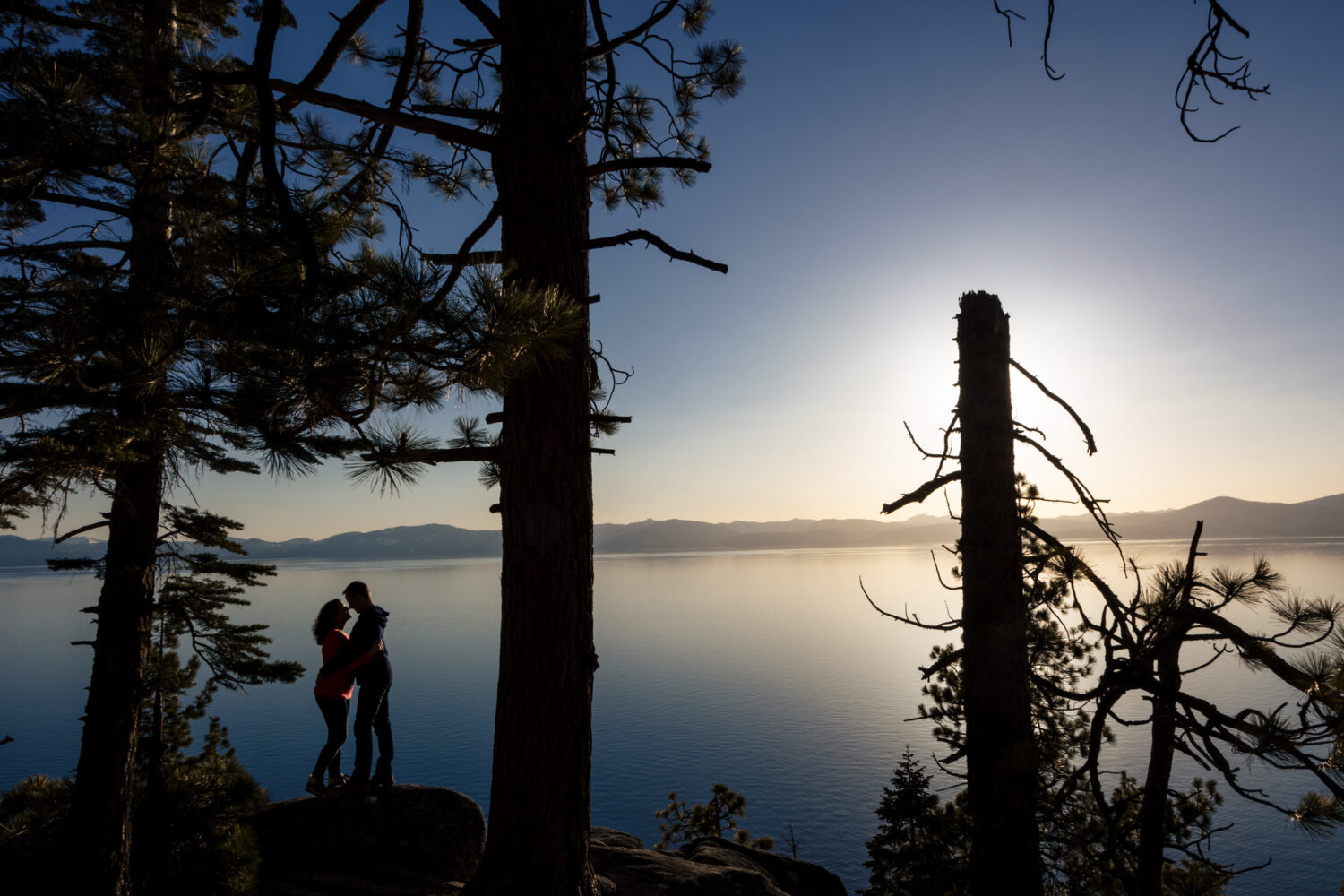 Silhouette of a couple standing among pine trees with Lake Tahoe in the background.