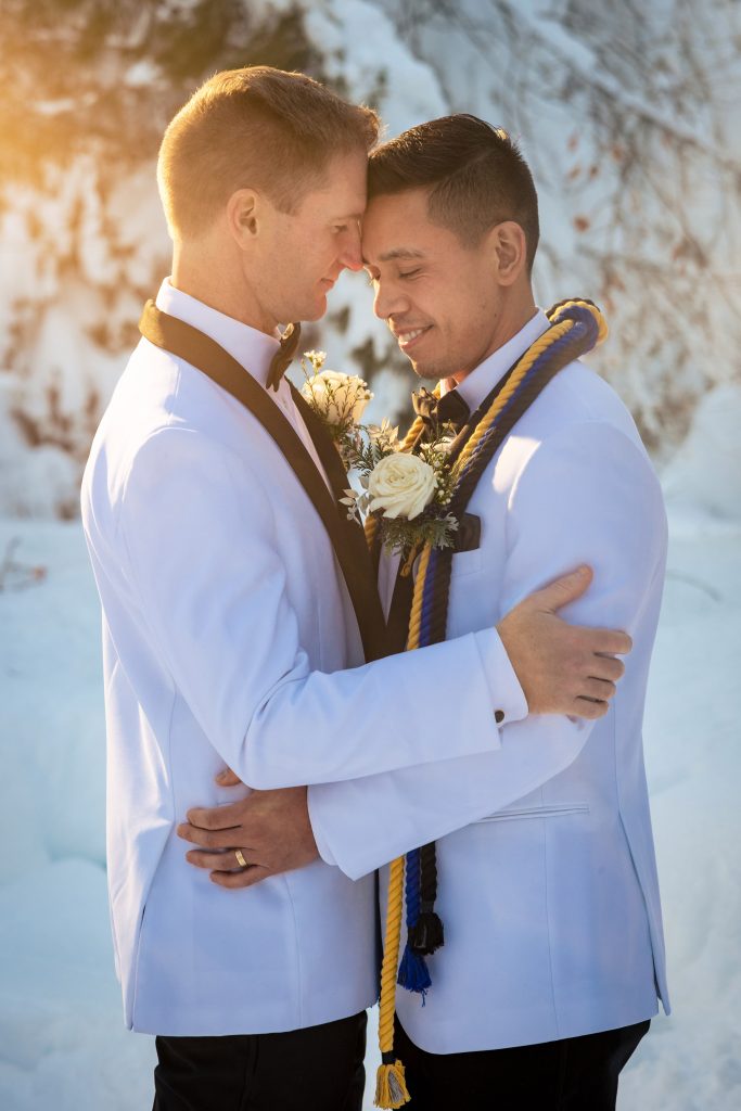 Gay wedding in Lake Tahoe during winter.