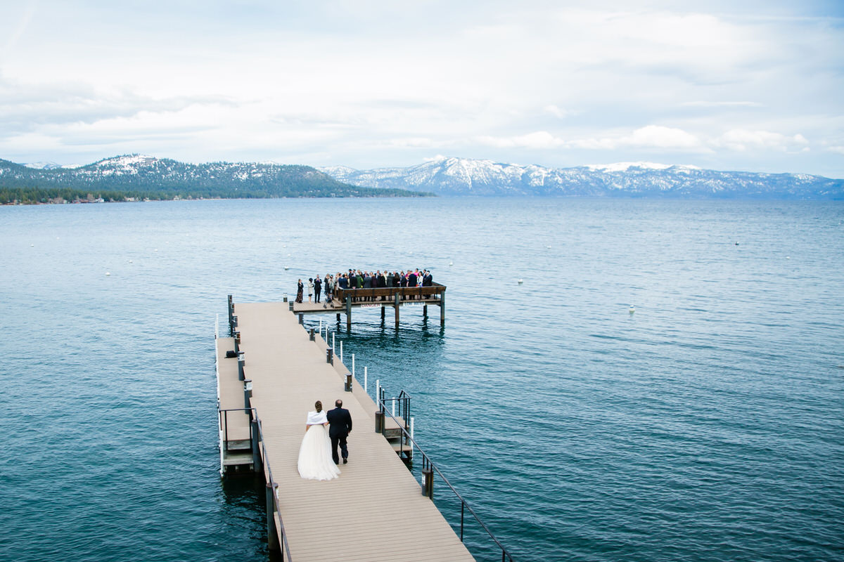 Lake Tahoe backyard wedding on a pier.