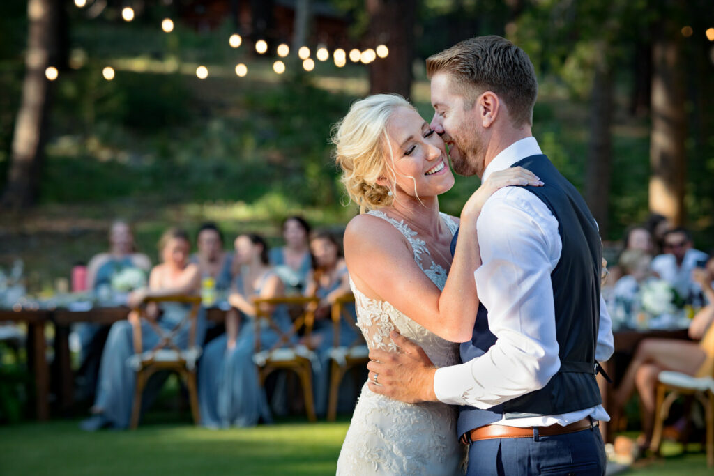 A bride and groom share an intimate moment together on the dance floor at Dancing Pines in Truckee, CA.