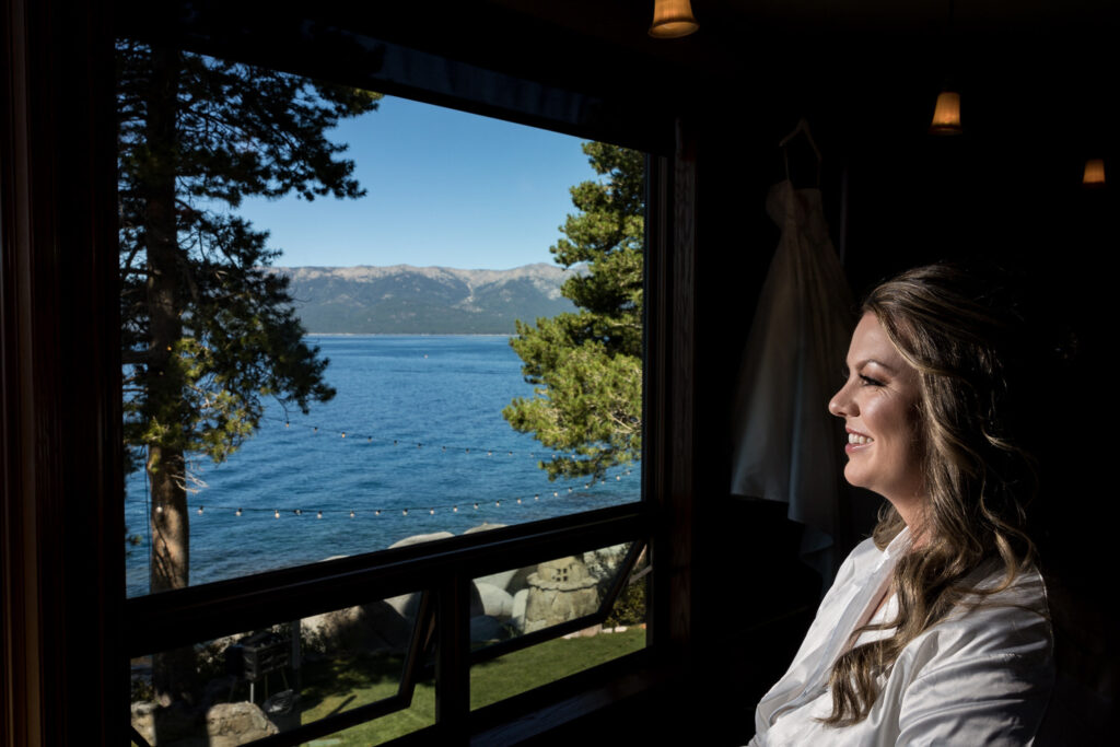 A view of a bride getting ready for a wedding at Thunderbird Lodge in Lake Tahoe, Nevada.