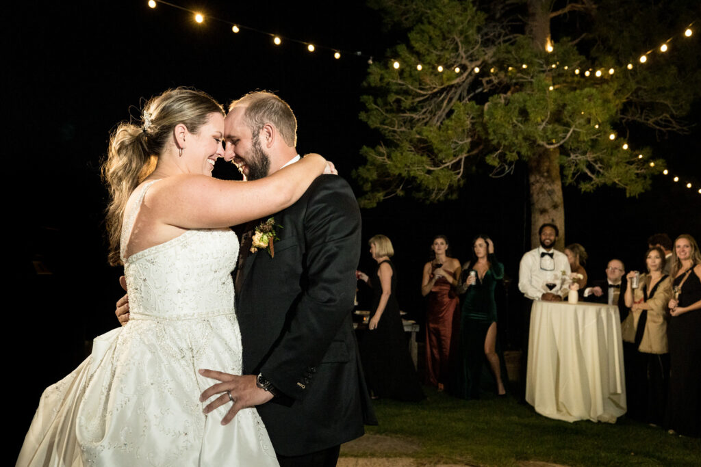 Bride and groom enjoy their first dance as husband and wife at their Thunderbird Lodge wedding near Sand Harbor State Park, Nevada.