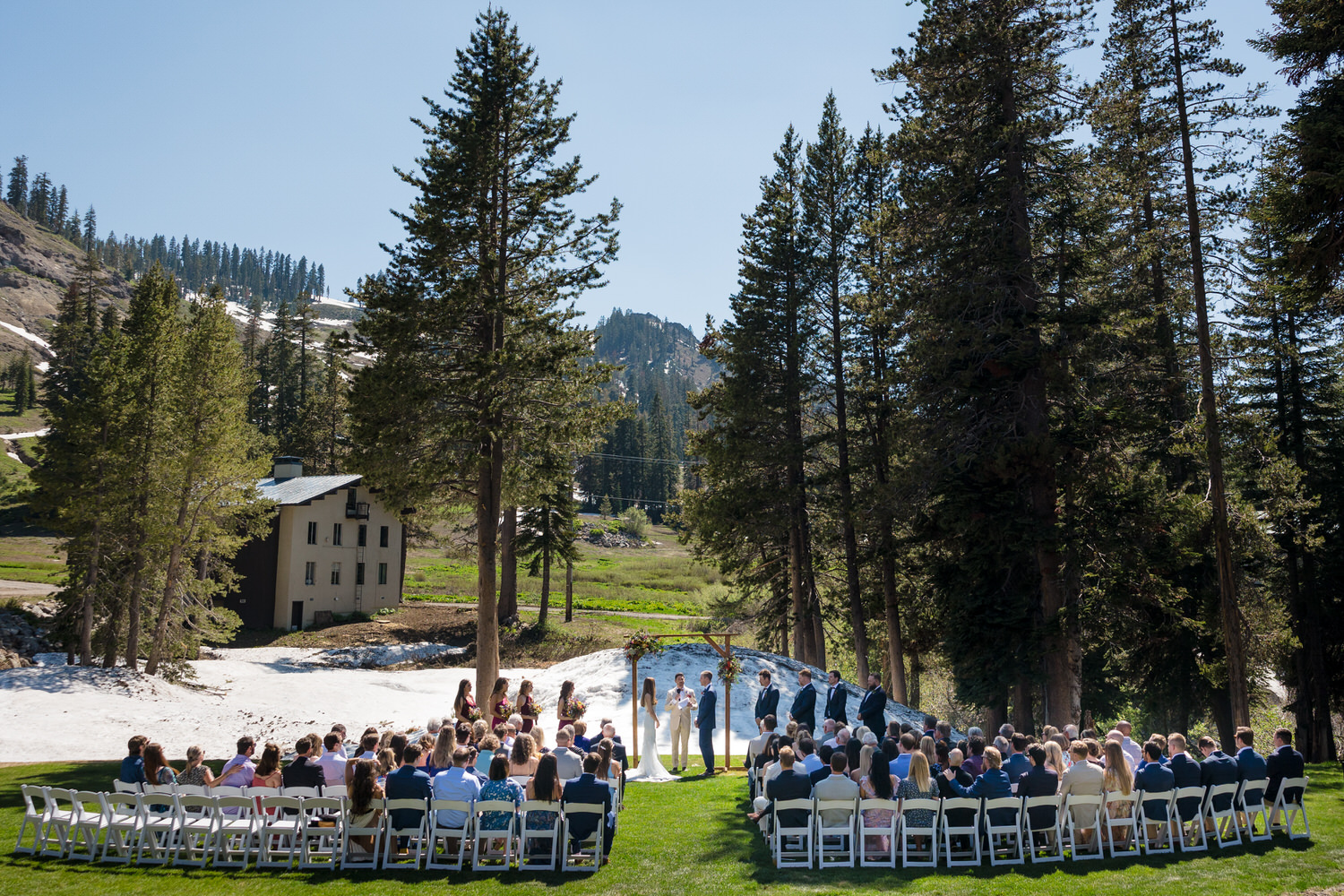 Wide angle view of the Sugar Bowl Resort wedding ceremony location on the lawn.