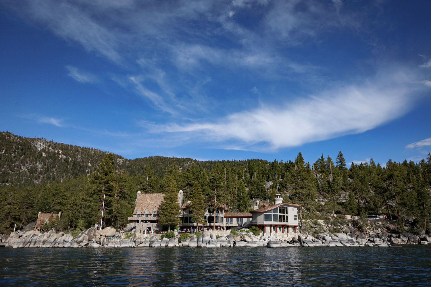 View from the water of the historic Thunderbird Lodge on Lake Tahoe's eastern shore.