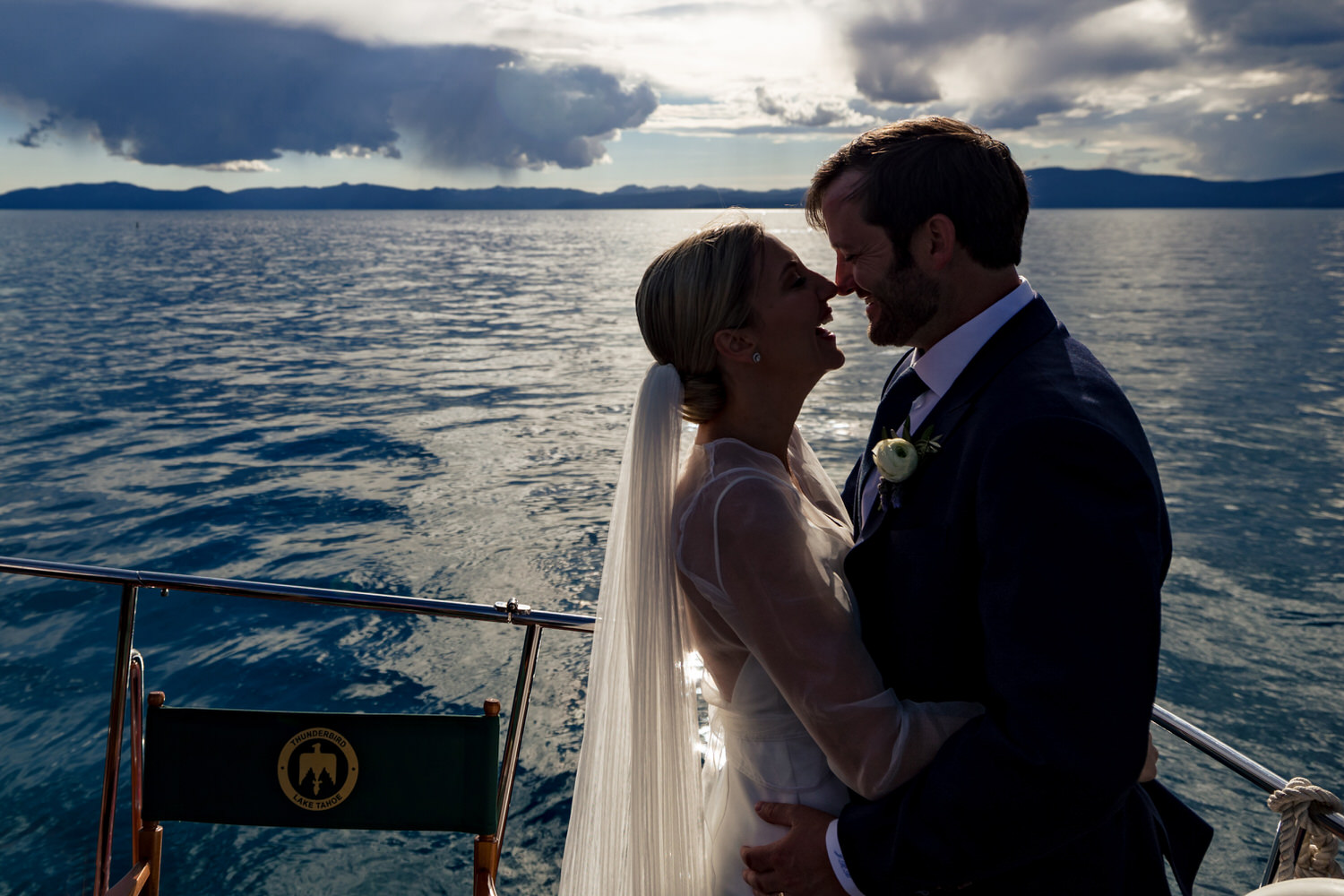 Silhouette portrait of bride and groom aboard the Thunderbird Yacht.