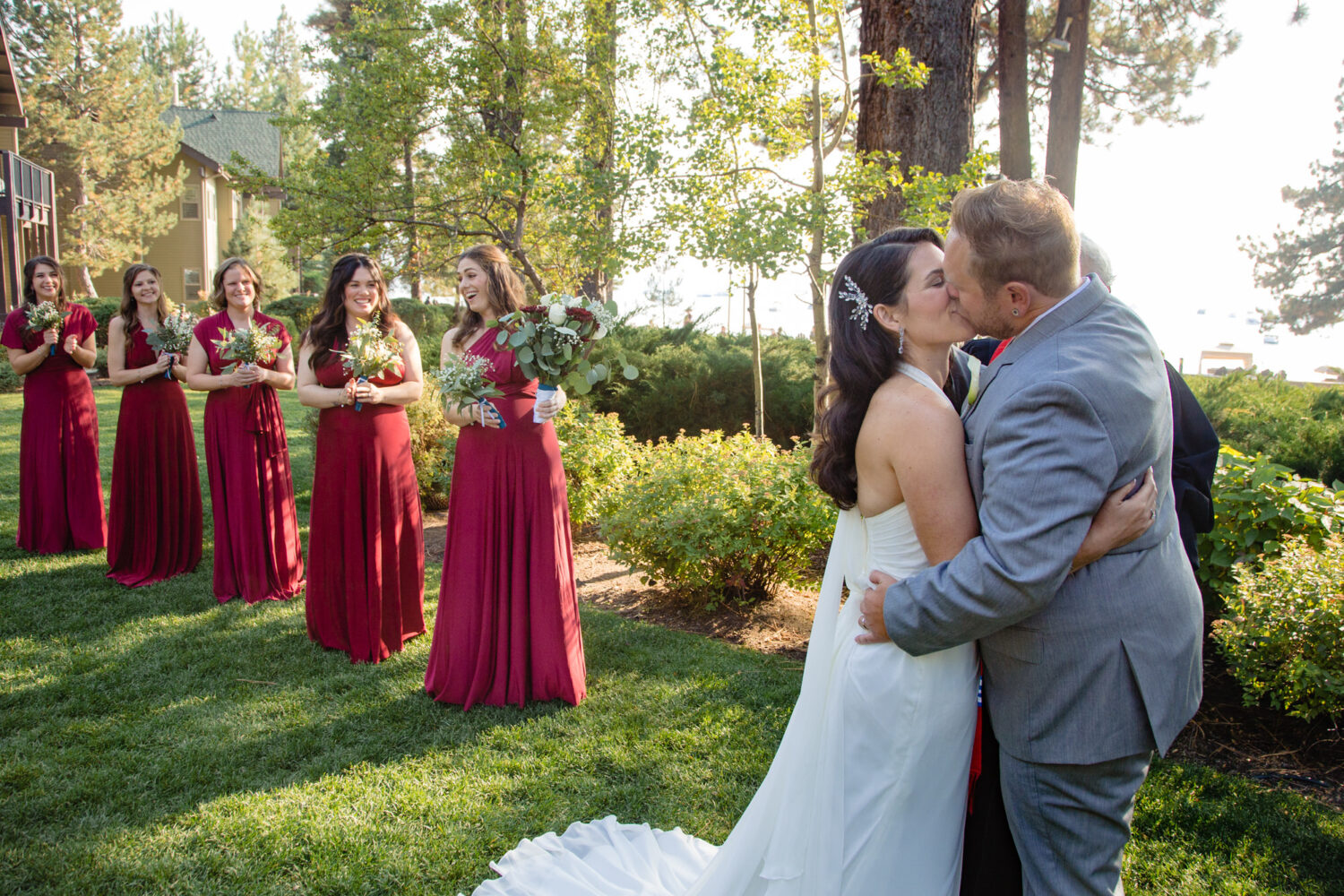 First kiss at a Tahoe Hyatt wedding.