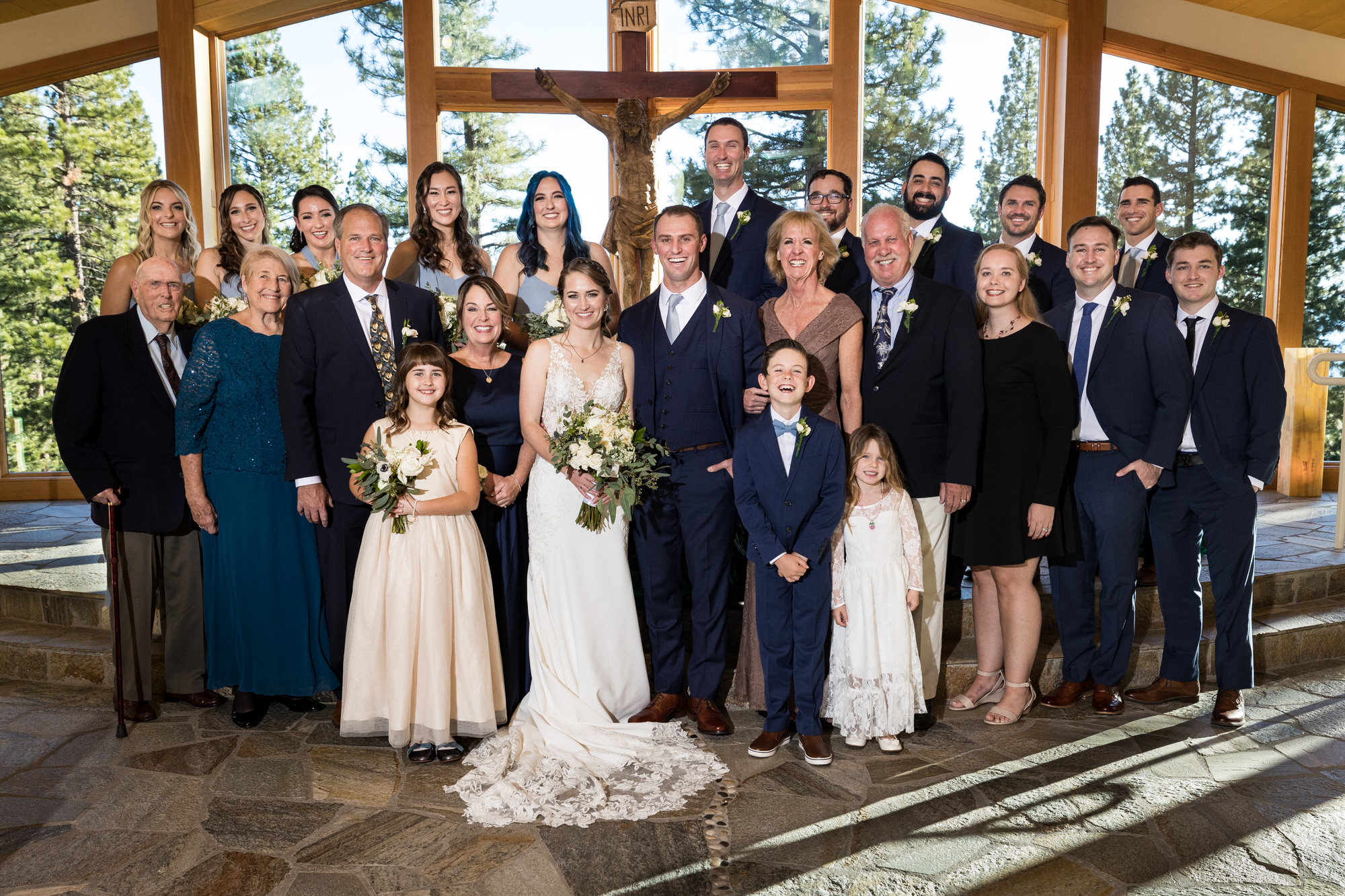 Family wedding photos at Saint Francis of Assisi Church in Incline Village.