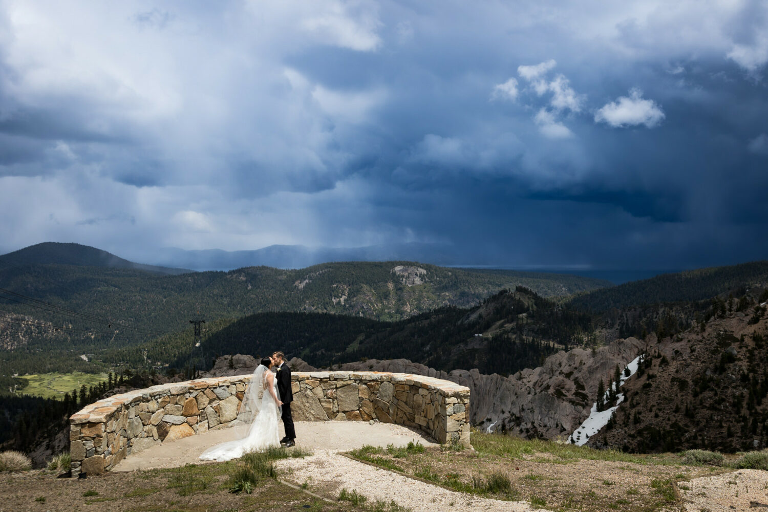 A bride and groom's first look at Palisades Tahoe High Camp.