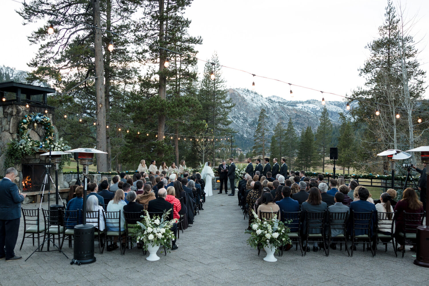 A wide-angle view of an Everline Resort evening wedding on the Spa Deck.