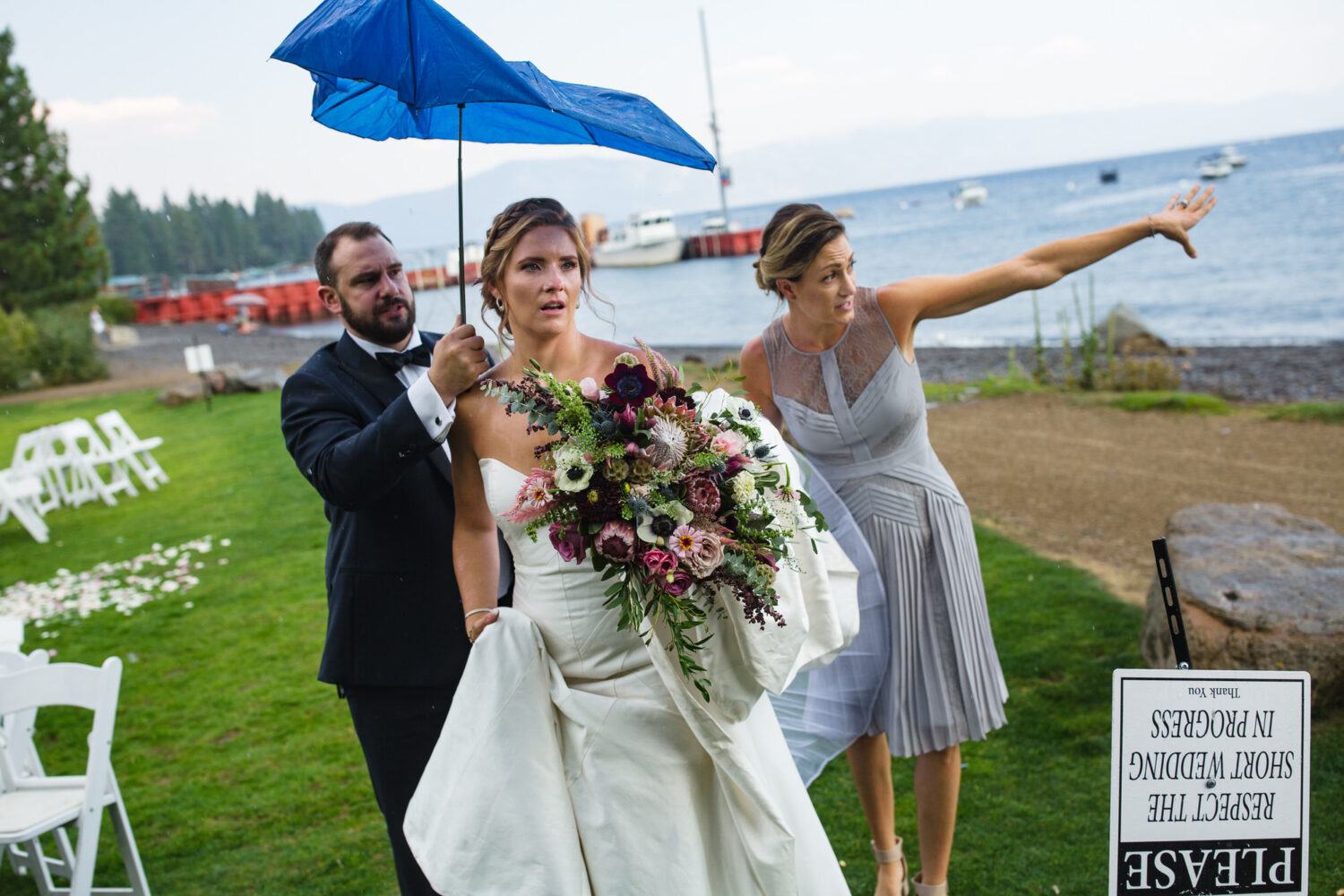 A stressful wedding day unfolds when a thunderstorm brings rain to a lakeside venue.